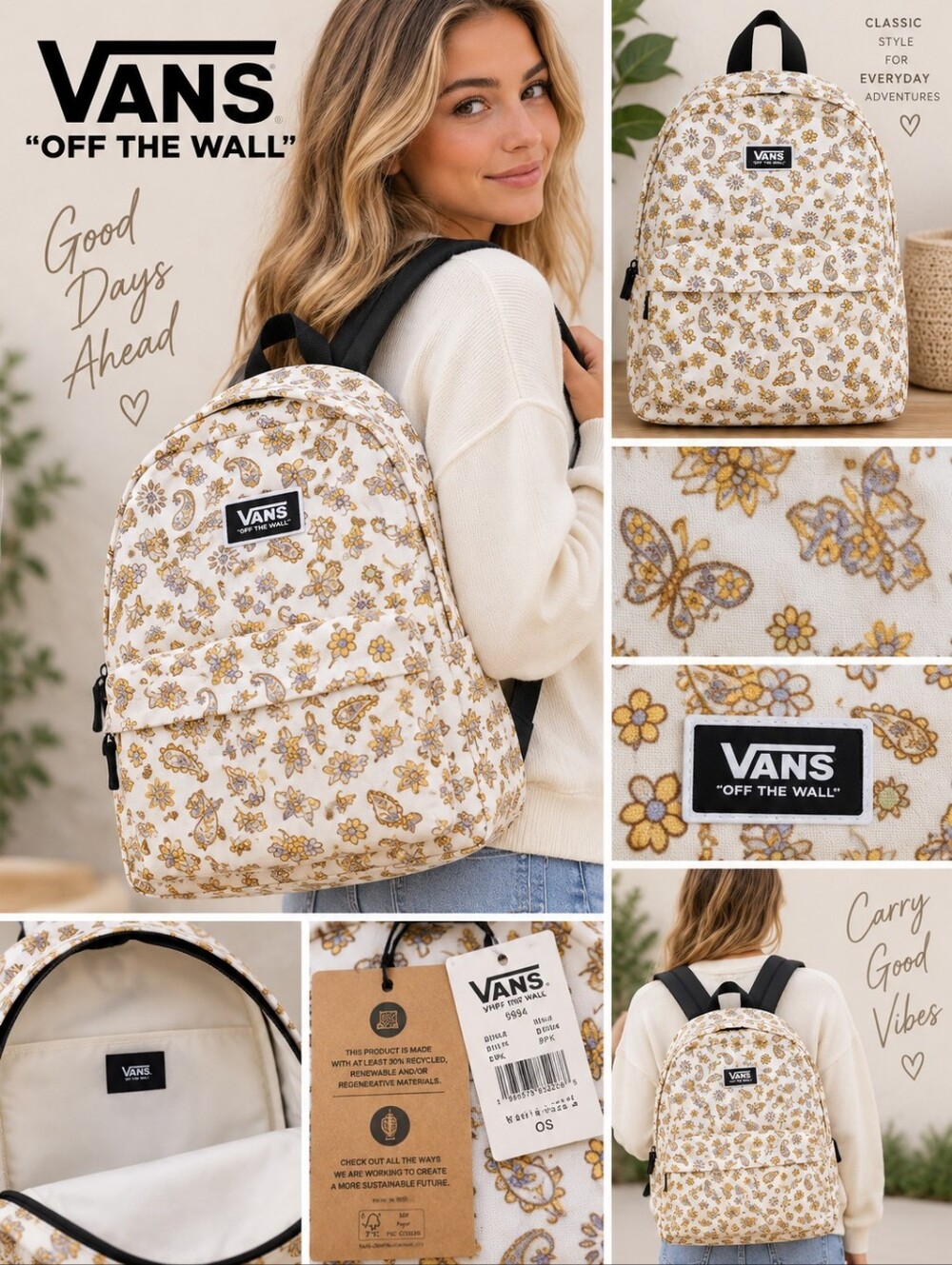Vans White Backpack with Yellow & Light Brown Floral Paisley Print